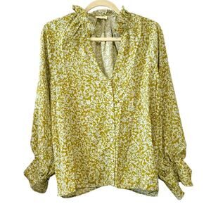 Atelier Evène M/L Ruffle Neck Floral Print Blouse Yellow Button Puff Sleeve Top